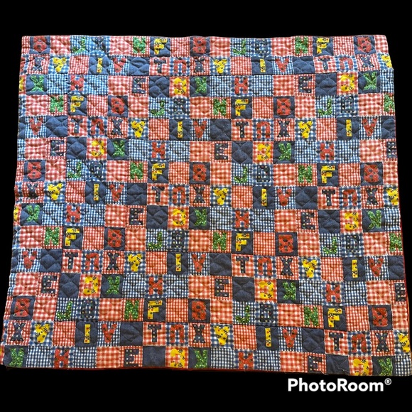 VTG Handmade Baby Quilt, Letters & Checks, Old Fashioned - Picture 1 of 6